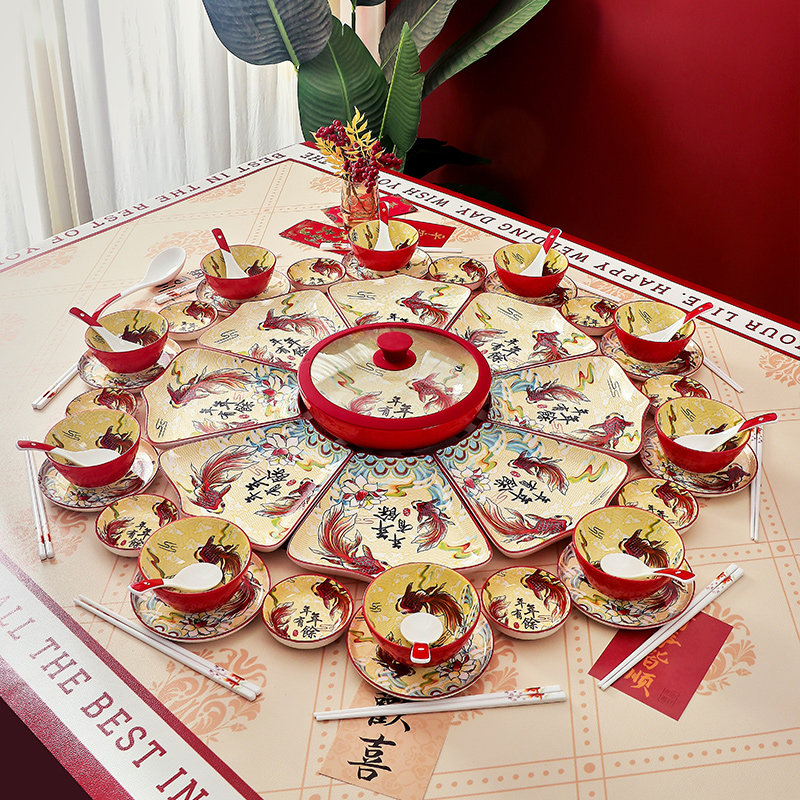 网红年夜饭家庭拼盘餐具组合过年盘子创意菜盘陶瓷家用碗碟套装