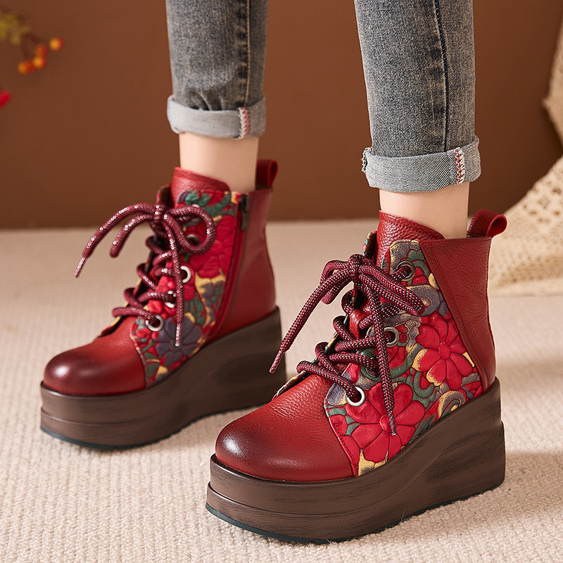 时尚厚底百搭复古印花学院风民族坡跟小个子马丁短靴