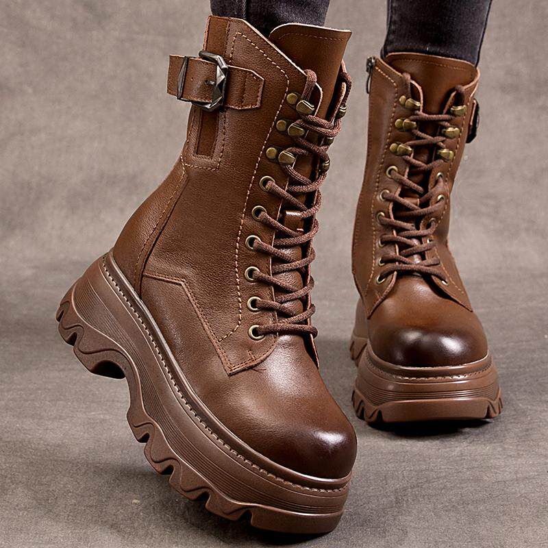 马丁靴粗跟圆头妈妈鞋子2024秋冬新款英伦复古风中筒靴子