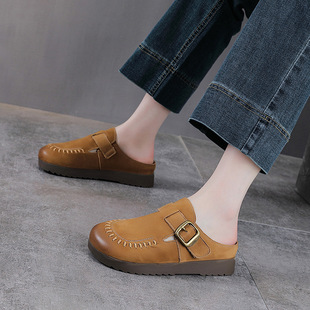 春夏季新款真皮包头平底圆头休闲单鞋手工软底半拖头层牛皮凉拖鞋