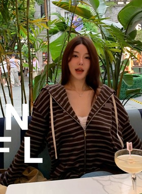 【NEW FOOLLAND】M1uM家25新款棕色条纹拉链抽绳连帽长袖卫衣