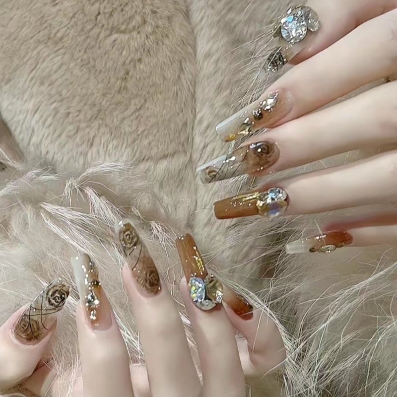 高定款纯手绘晕染玫瑰爆闪新中式美甲穿戴甲秋日成品指甲贴片高级