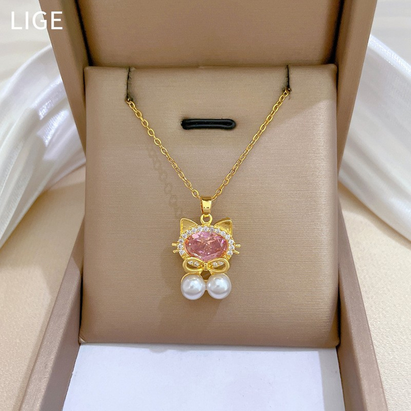 儿童粉色猫咪珍珠满钻项链