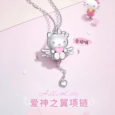 天使之翼凯蒂猫项链女爱心锁骨链