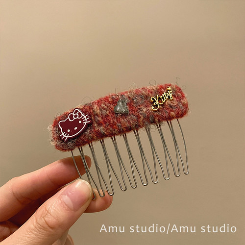 可爱KT猫毛绒倒插梳发夹女侧边碎发刘海夹2025新款高颅顶发卡头饰