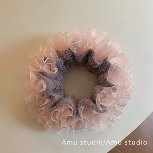 韩系秋冬甜美毛线针织蕾丝花边双层大肠发圈少女扎头发丸子头发绳