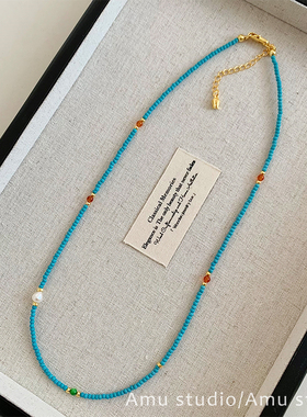 极细天然淡水小珍珠绿松石头串珠项链女轻奢高级感小众锁骨链配饰