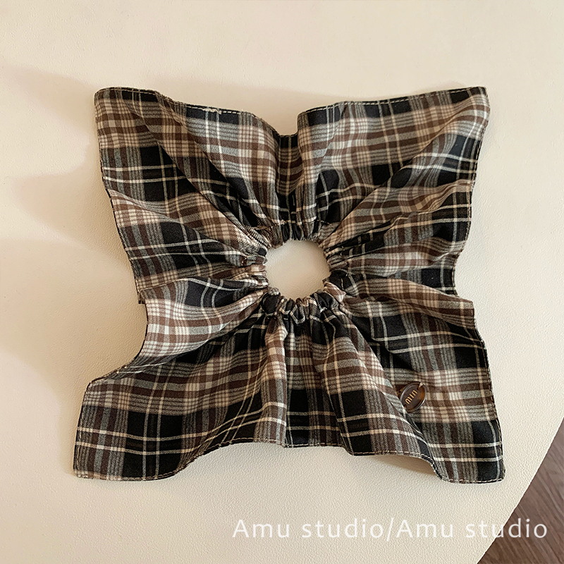 韩系早秋格纹大号方巾大肠发圈女气质方形扎头发侧低马尾头绳发绳