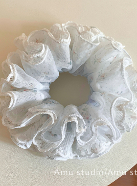 甜美浅蓝色点点碎花网纱蕾丝花边双层大肠发圈女扎头发丸子头发绳
