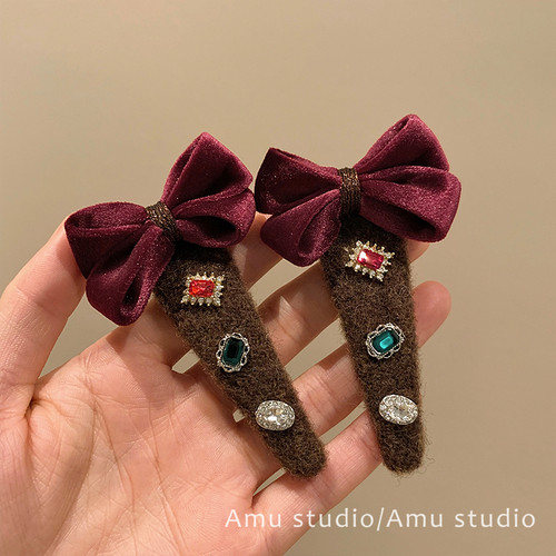 高级感丝绒蝴蝶结水晶毛呢发夹女甜美前额碎发BB夹侧边刘海夹边夹