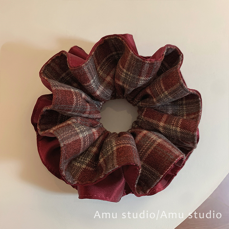 酒红色格纹缎面双面双层大肠发圈女韩系扎头发丸子头发绳头绳皮筋