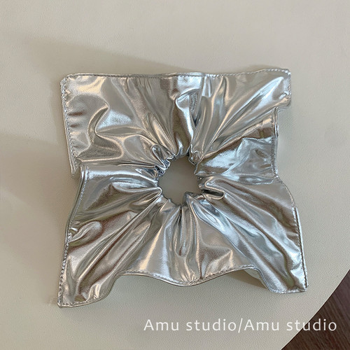 韩系银色方巾大肠发圈女小众方形扎头发低马尾发绳头绳皮筋发饰品