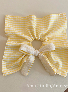黄色格子蝴蝶结方巾大肠发圈女韩系方形扎头发低马尾发绳头绳发饰
