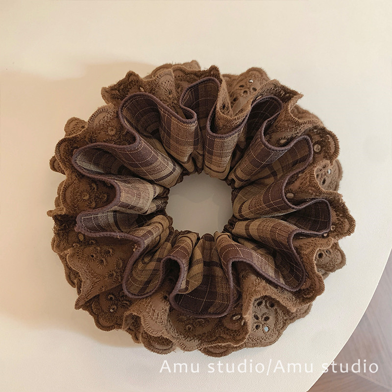 咖啡色格纹蕾丝四层大肠发圈女韩系扎头发丸子头发绳头绳皮筋发饰