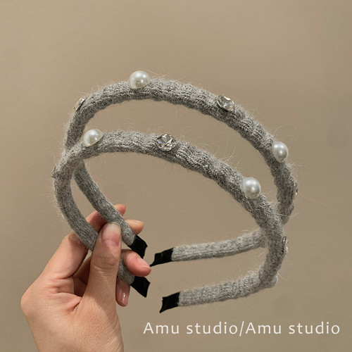 高级感秋冬毛线针织水钻珍珠细发箍女甜美高颅顶头箍日常外出发卡