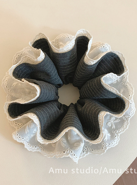 深灰色条纹蕾丝双层大肠发圈女韩系气质扎头发丸子头发绳头绳发饰