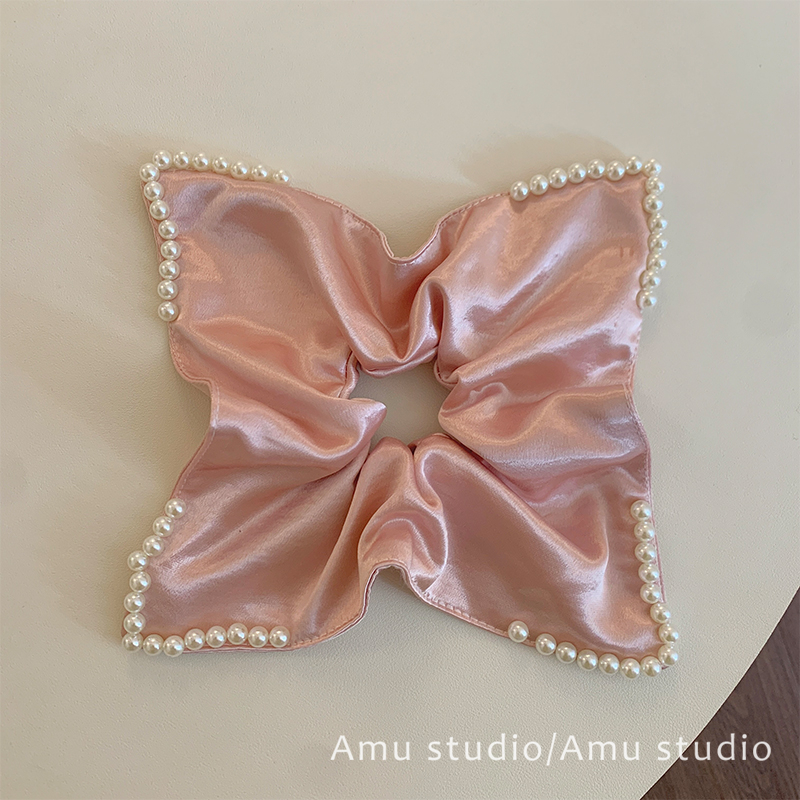 高级感粉色缎面珍珠方巾大肠发圈女方形气质扎头发低马尾发绳头绳