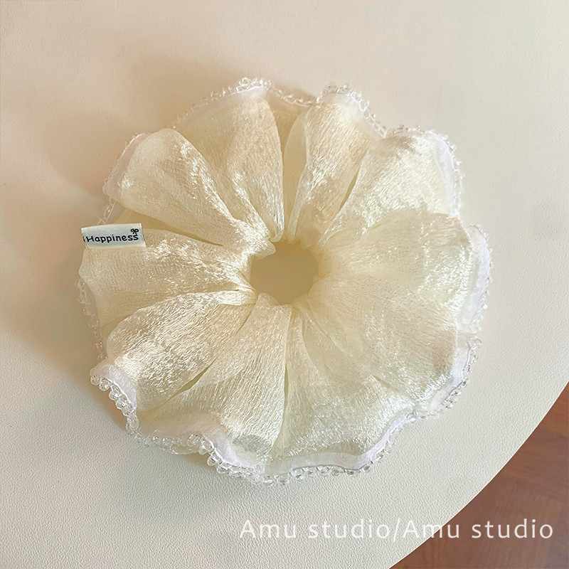 高级感轻奢米色水晶串珠花边大号大肠发圈女扎头发低马尾发绳头绳