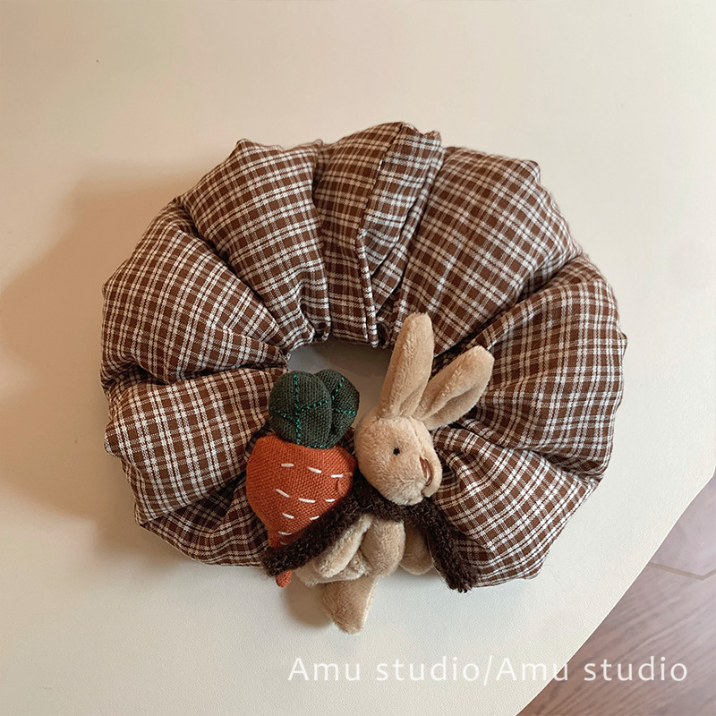 韩系格纹卡通兔子大肠发圈女扎头发丸子头发绳低马尾头绳皮筋发饰