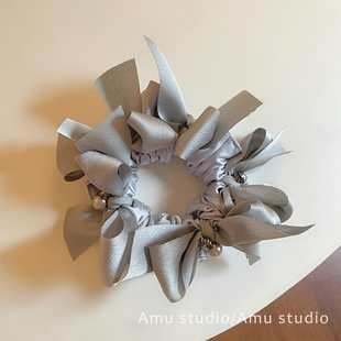 设计感灰蓝色蝴蝶结大肠发圈女小众扎头发丸子头发绳头绳皮筋发饰