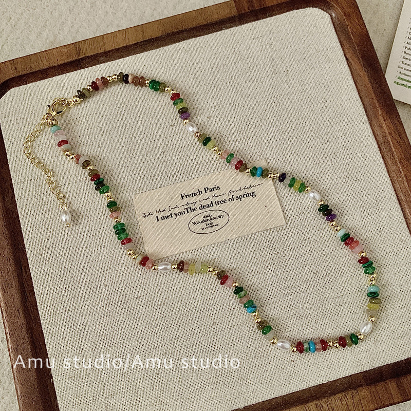 多巴胺混彩色天然石淡水珍珠串珠项链女轻奢锁骨链小众设计脖颈链