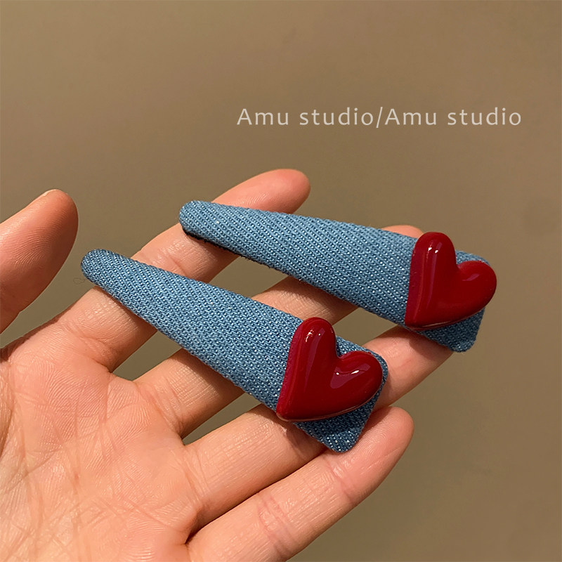 爱心牛仔布艺三角发夹少女甜美侧边夹前额碎发夹2025新款bb夹头饰