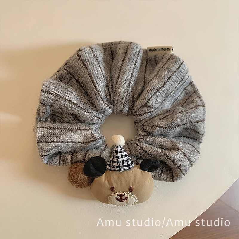 韩系灰色条纹毛线针织小熊大肠发圈女扎头发丸子头发绳低马尾头绳,饰品/流行首饰/时尚饰品新,发饰,淘宝优惠券,粉丝福利购,淘宝优惠卷