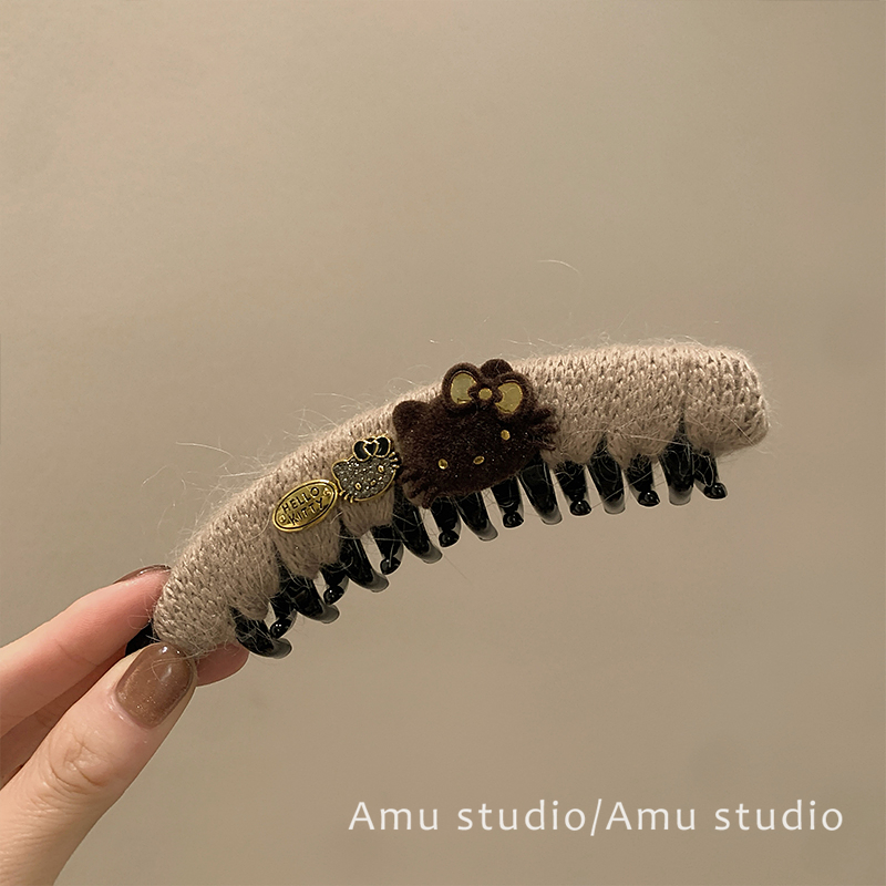 韩系秋冬可爱kt猫毛线缠绕香蕉夹后脑勺盘发抓夹竖夹扭扭发夹头饰