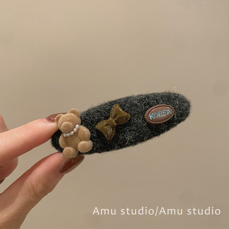 韩国秋冬灰色可爱小熊蝴蝶结发夹女前额碎发BB夹侧边刘海边夹发卡