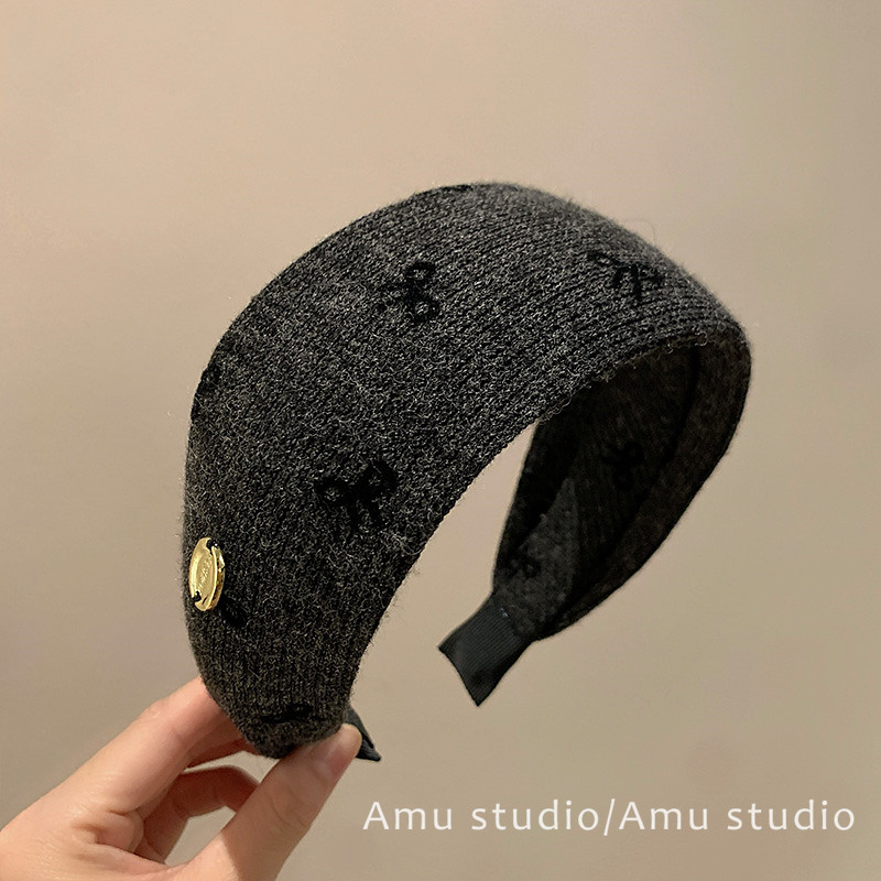 韩系秋冬深灰色蝴蝶结针织加宽边发箍女气质压发头箍日常外出发卡