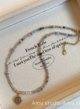 设计感小众灰蓝色水晶串珠项链女款2026新款高级感轻奢锁骨链颈链