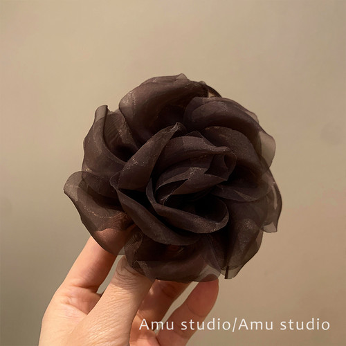 春日网纱花朵抓夹女高级感2025新款后脑勺盘发鲨鱼夹气质发夹头饰