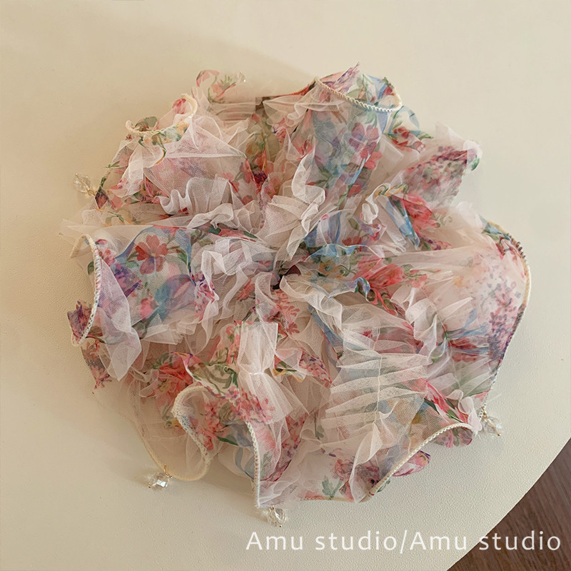 夏季甜美雪纺花朵水晶吊坠大号大肠发圈女扎头发低马尾发绳发饰品
