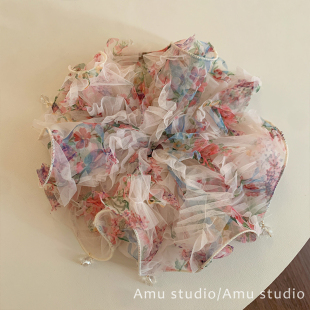 夏季甜美雪纺花朵水晶吊坠大号大肠发圈女扎头发低马尾发绳发饰品
