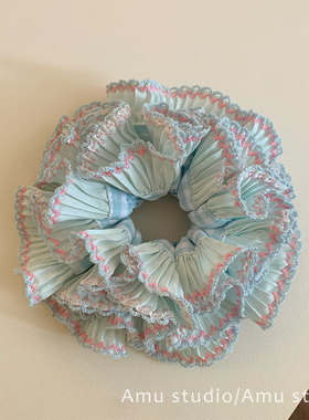 甜美蓝色格子花边多层大肠发圈少女扎头发丸子头发绳侧低马尾头绳