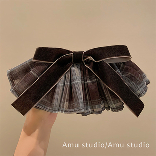 韩国新款格纹蝴蝶结裙摆弹簧夹发夹女2026新款气质半扎发发卡头饰
