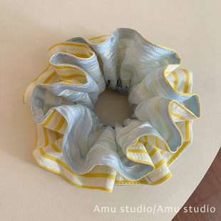 黄色条纹双面双层大肠发圈女韩系气质扎头发丸子头低马尾发绳头绳