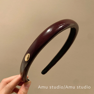 藤井树同款高级感酒红色pu皮发箍女2025新款气质增高颅顶头箍发卡