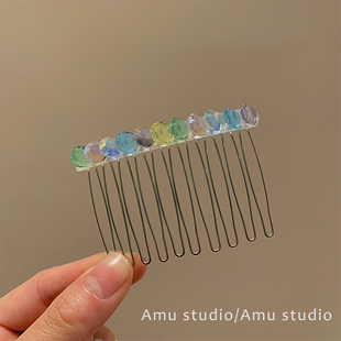 彩色水晶倒插梳发夹女甜美侧边碎发刘海夹高颅顶发卡防滑发饰 新款