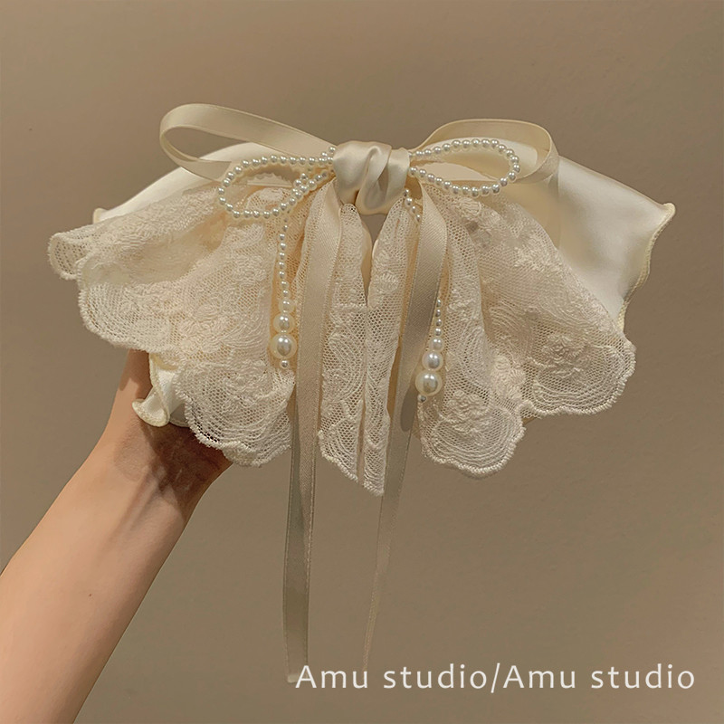 优雅蕾丝珍珠丝带蝴蝶结马尾抓夹甜美后脑勺盘发鲨鱼夹半扎发发夹