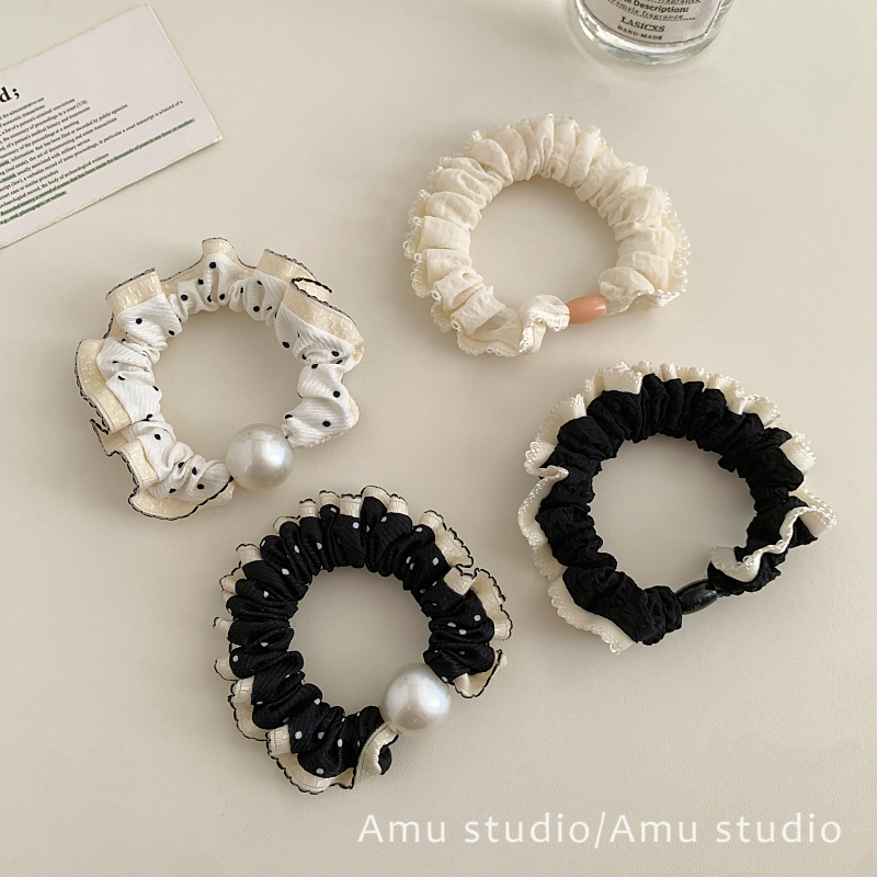 法式黑白波点花边大肠发圈女发绳少女百搭珍珠头绳扎发皮筋发饰品