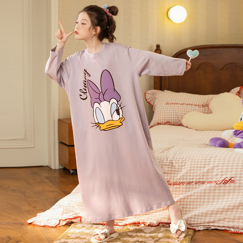 儿童春秋小女孩纯棉睡裙可爱卡通学生中大童黛西鸭睡衣薄款家居服