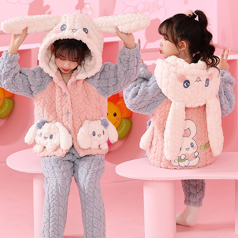 儿童睡衣冬季连帽法兰绒公主风