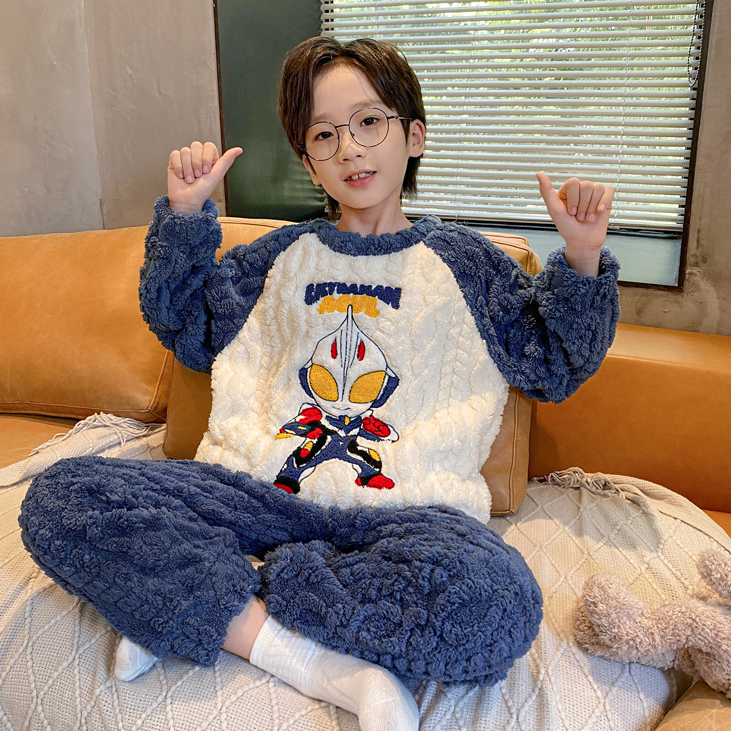 男童睡衣秋冬季麻花绒套装中大童加绒加厚款可爱卡通家居服珊瑚绒
