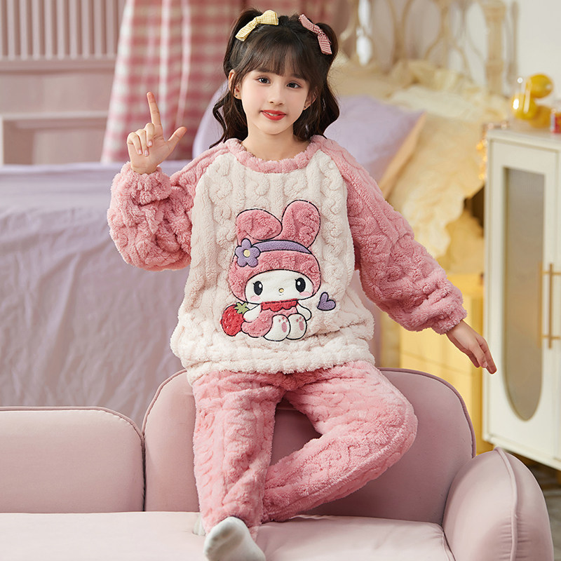 女童提花法兰绒秋冬季睡衣保暖加厚款美乐蒂卡通套装家居服珊瑚绒