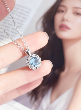 S925纯银蓝色锆石项链女轻奢