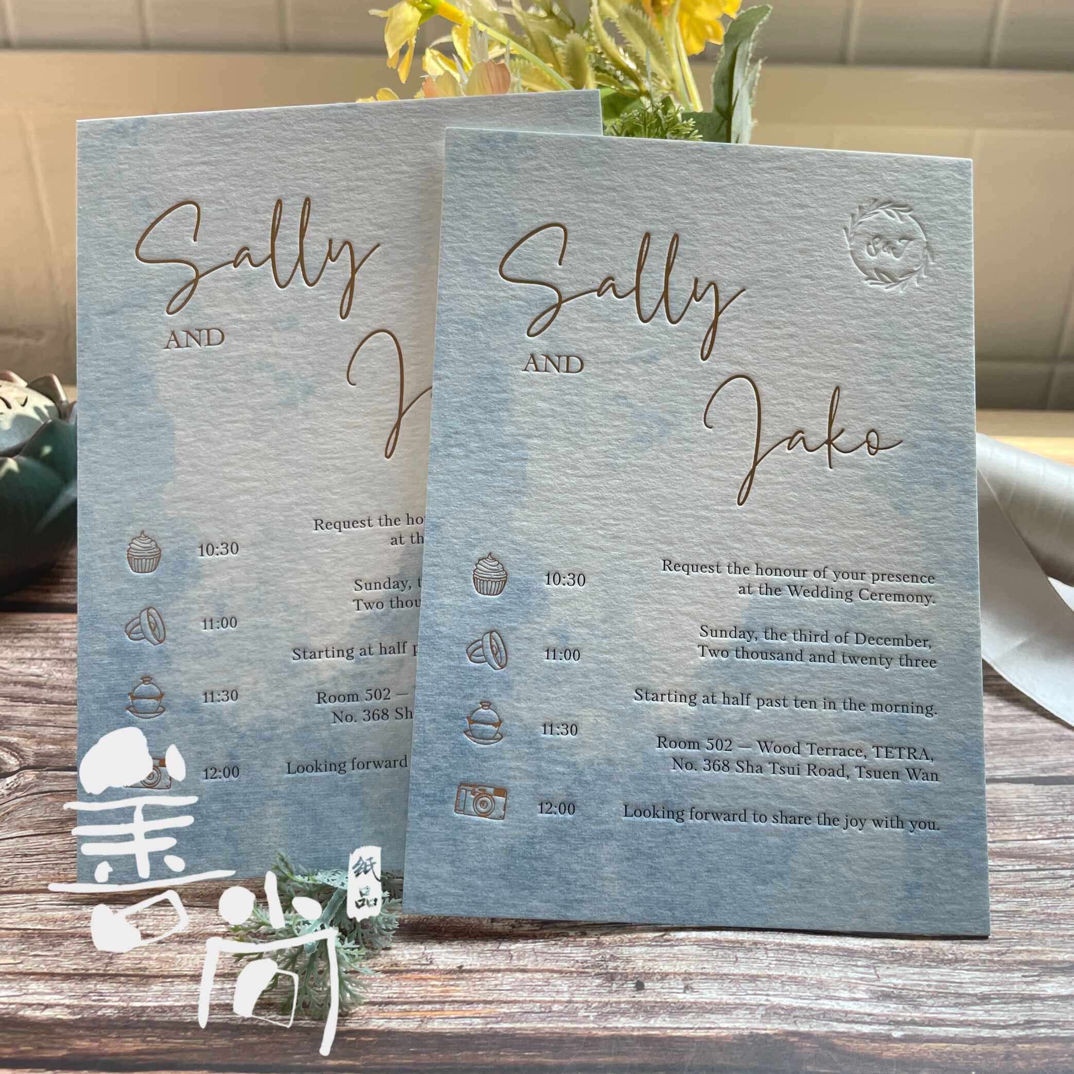 letterpress凸版棉纸创意蓝色婚礼简约邀请函请帖柬喜帖定制包邮