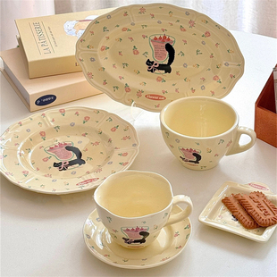 复古少女心粉色碎花猫咪陶瓷马克杯咖啡杯碟花边圆盘早餐盘椭圆盘