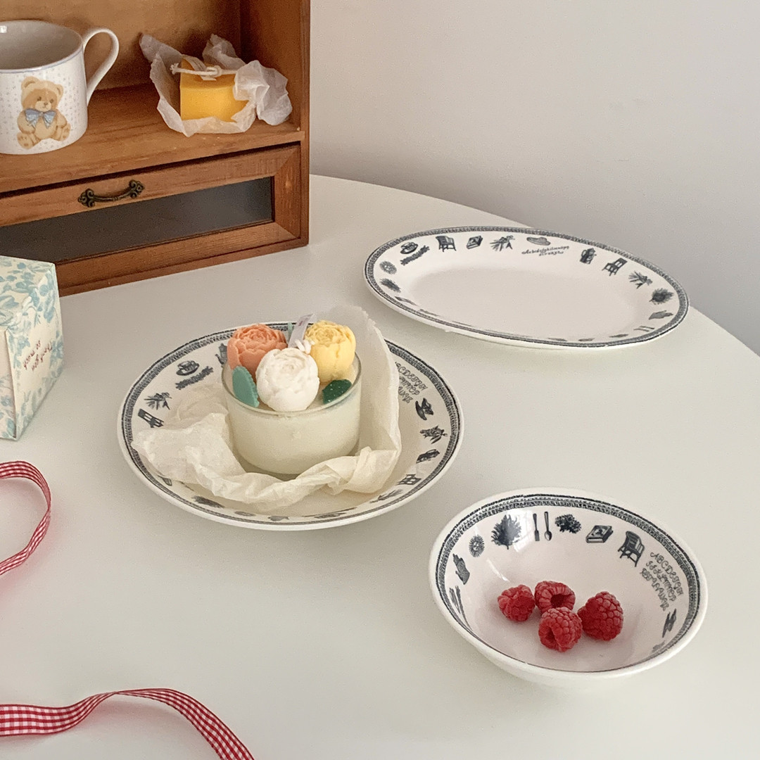 中古风简笔画家用餐具vintage意面盘椭圆盘复古米饭碗甜品点心盘