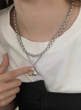 韩国水晶爱心项链女甜酷风时尚精致百搭双层轻奢小众设计感锁骨链